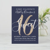 Girly Navy Blue Faux Gold Sequin Glitter Sweet 16 Invitation (Standing Front)