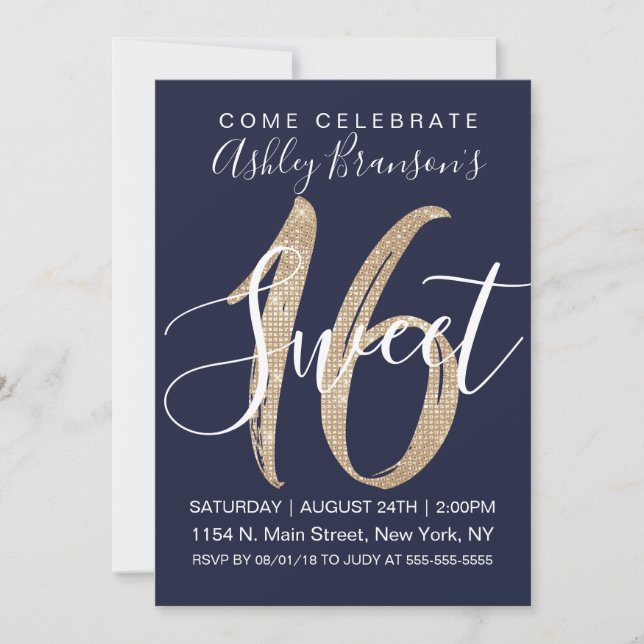 Girly Navy Blue Faux Gold Sequin Glitter Sweet 16 Invitation (Front)
