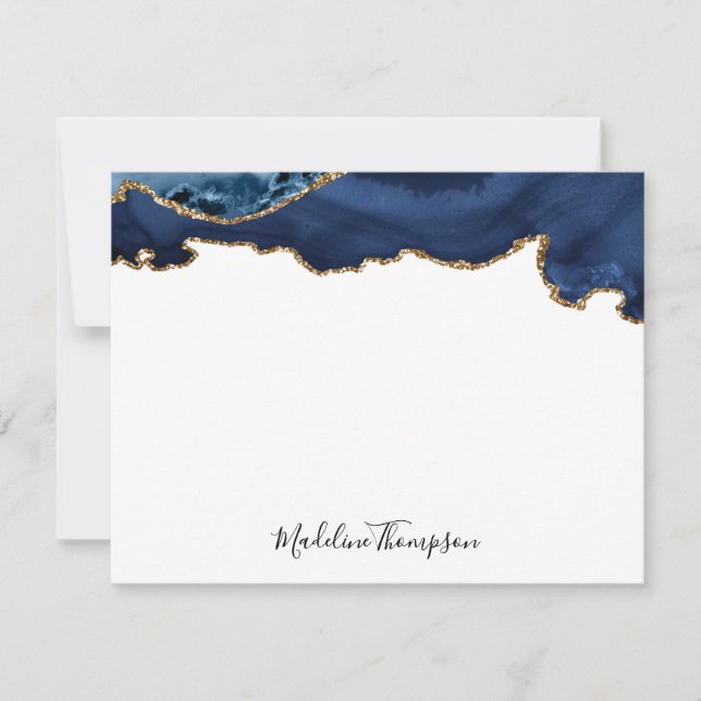Girly Navy Blue Gold Agate Geode Script Typography Note Card (Front)