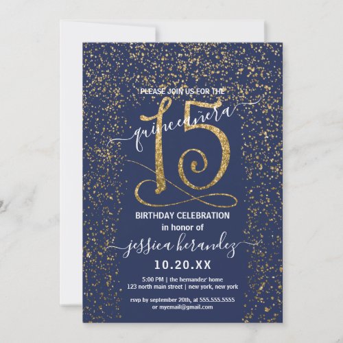 Girly Navy Blue Gold Confetti Border Quinceaera Invitation