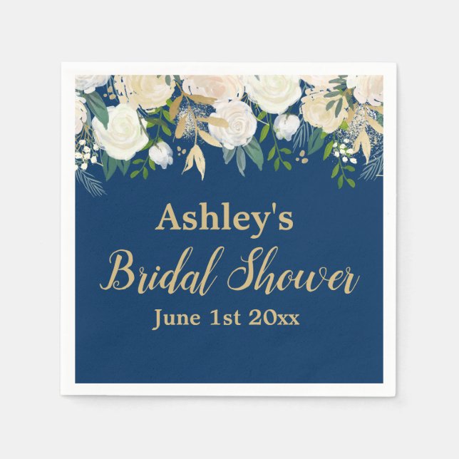 Girly Navy Blue Gold Floral Bridal Shower Party Napkins (Front)