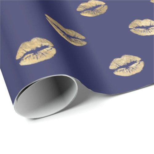 Girly Navy Blue Gold Kiss Lips Pattern Wrapping Paper