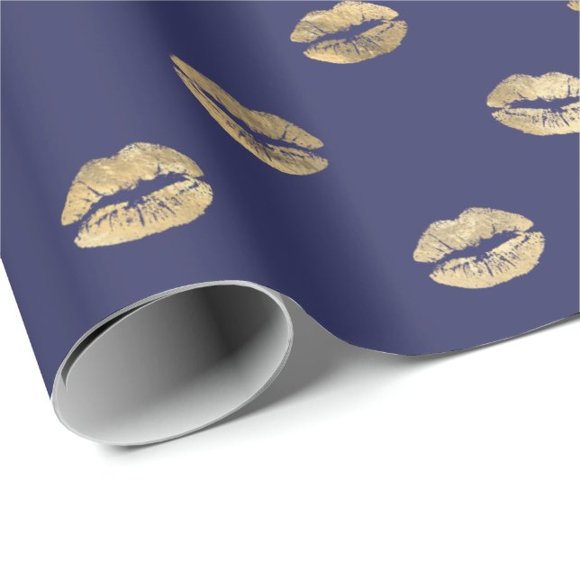 Girly Navy Blue Gold Kiss Lips Pattern Wrapping Paper (Roll Corner)
