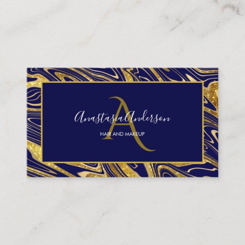 Girly Navy Blue Gold Marble Glitter Glam Monogram Business Card