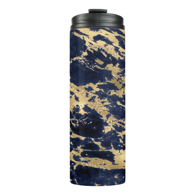 Girly Navy Blue Gold Veins Glitter Design Thermal Tumbler (Front)