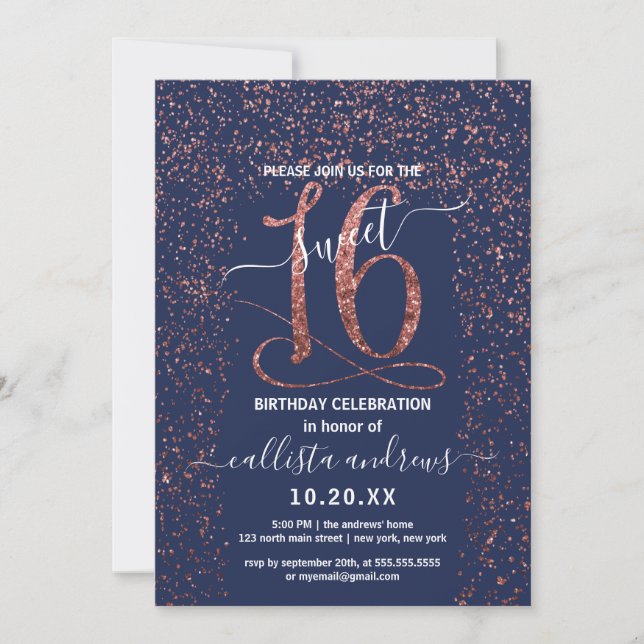 Girly Navy Blue Rose Gold Confetti Border Sweet 16 Invitation (Front)