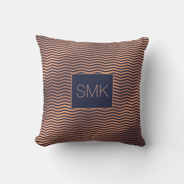 Girly Navy Blue Rose Gold Foil Chevron Monogram Throw Pillow (Front)