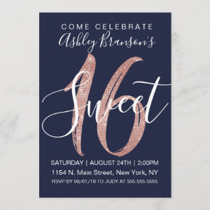 Girly Navy Blue Rose Gold Sequin Glitter Sweet 16 Invitation