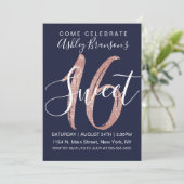 Girly Navy Blue Rose Gold Sequin Glitter Sweet 16 Invitation (Standing Front)