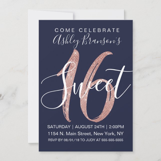 Girly Navy Blue Rose Gold Sequin Glitter Sweet 16 Invitation (Front)