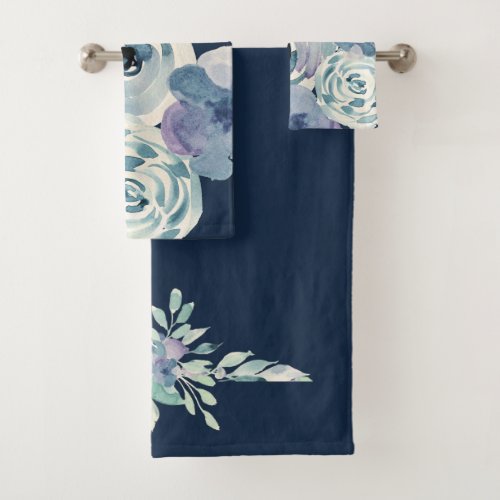 Girly Navy Blue Watercolor Floral Bath Towel Set