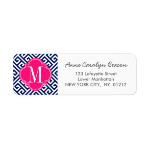 Girly Navy & Pink Greek Key Pattern Custom Label