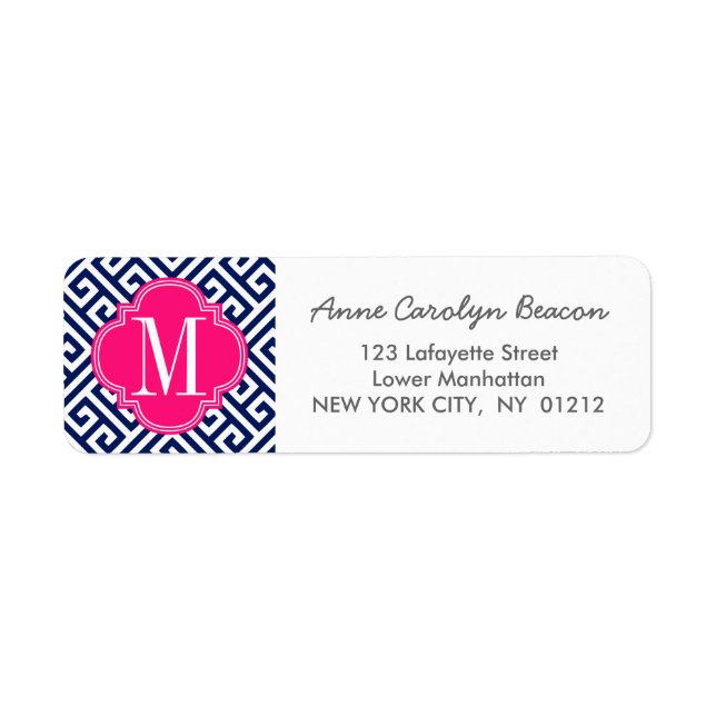 Girly Navy & Pink Greek Key Pattern Custom Label (Front)