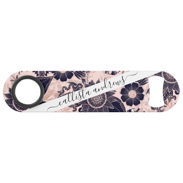 Girly Navy Rose Gold Glitter Floral Illustrations Bar Key (Front (Horizontal))