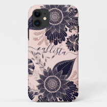 Girly Navy Rose Gold Glitter Floral Illustrations iPhone 11 Case