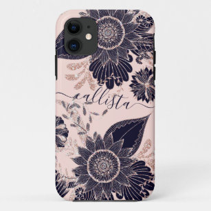 Girly Navy Rose Gold Glitter Floral Illustrations iPhone 11 Case