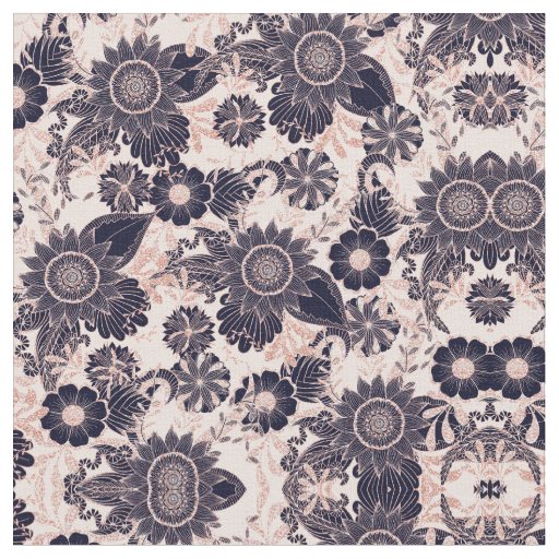 Girly Navy Rose Gold Glitter Floral Illustrations Fabric | Zazzle