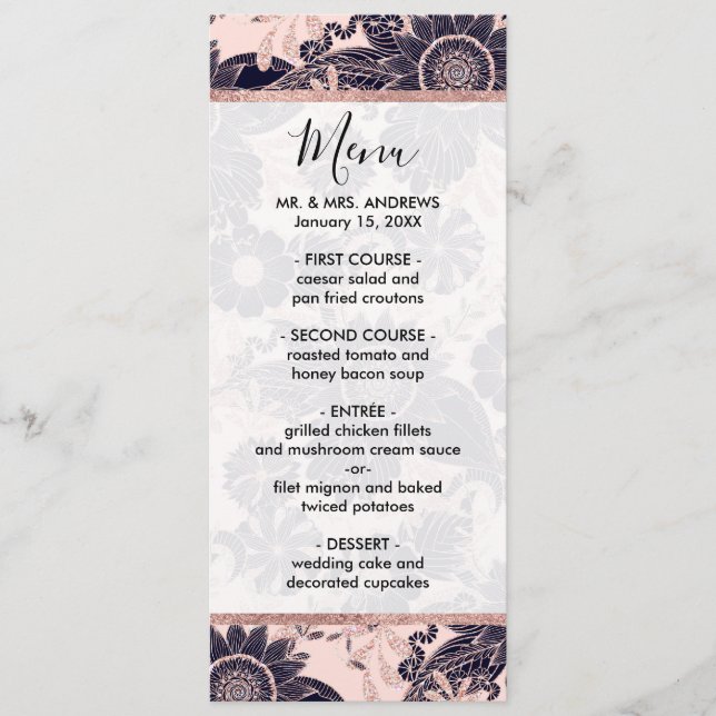 Girly Navy Rose Gold Glitter Floral Illustrations Menu (Front)