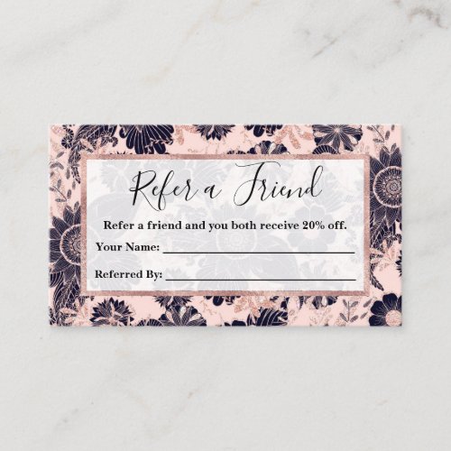 Girly Navy Rose Gold Glitter Floral Illustrations Referral Card