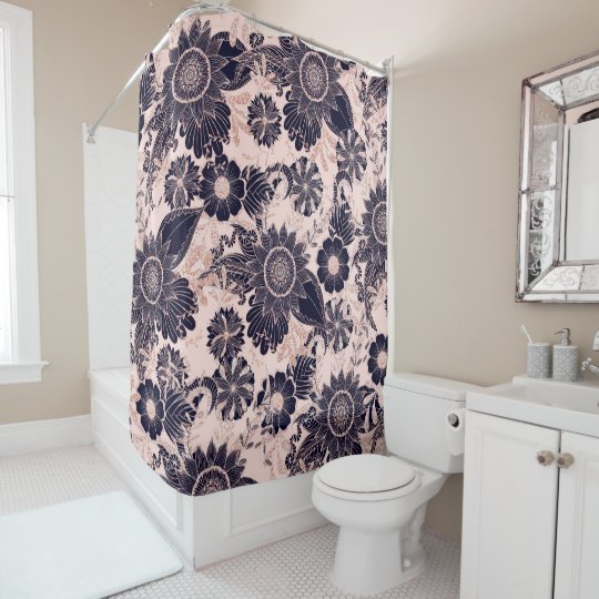 Girly Navy Rose Gold Glitter Floral Illustrations Shower Curtain ...