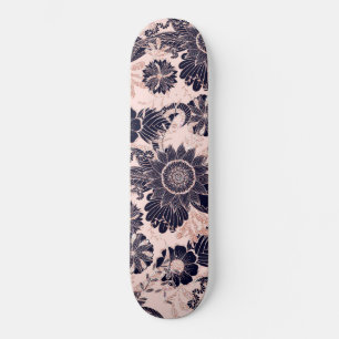 Girly Navy Rose Gold Glitter Floral Illustrations Skateboard
