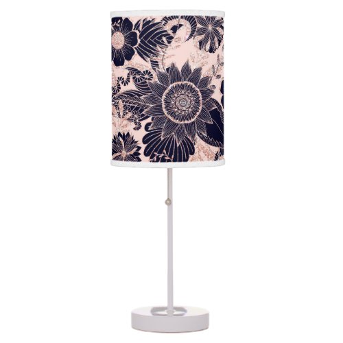 Girly Navy Rose Gold Glitter Floral Illustrations Table Lamp