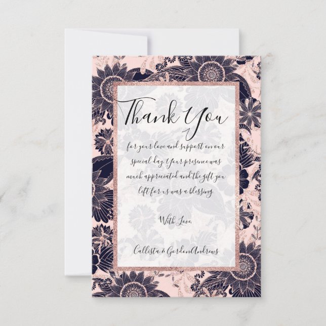 Girly Navy Rose Gold Glitter Floral Illustrations Thank You Card (Front)