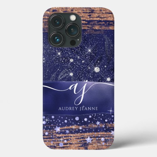 Girly Navy Rose Gold Glitter Stars Foliage Script  iPhone 13 Pro Case