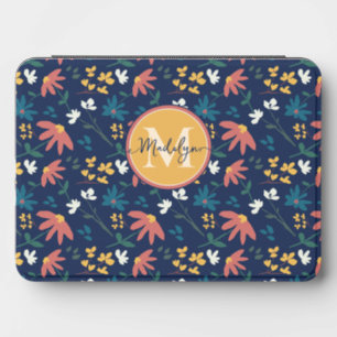 Girly Navy Yellow Monogram Floral Pattern Custom Kindle Cover