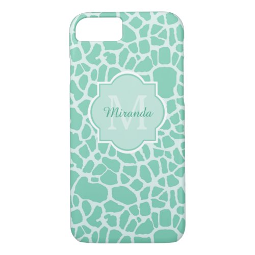 Girly Neo Mint Green Giraffe Print Monogram Name iPhone 87 Case