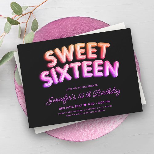 Girly Neon Balloons Hot Pink Black Sweet 16  Invitation