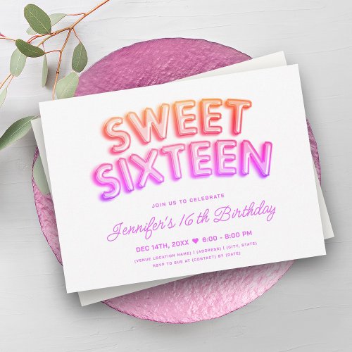 Girly Neon Balloons Hot Pink White Sweet 16  Invitation
