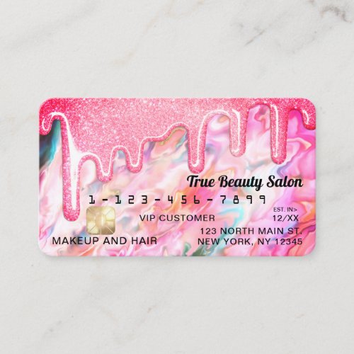 Girly Neon Coral Pearl Opal Glitter Drips Credit Business Card