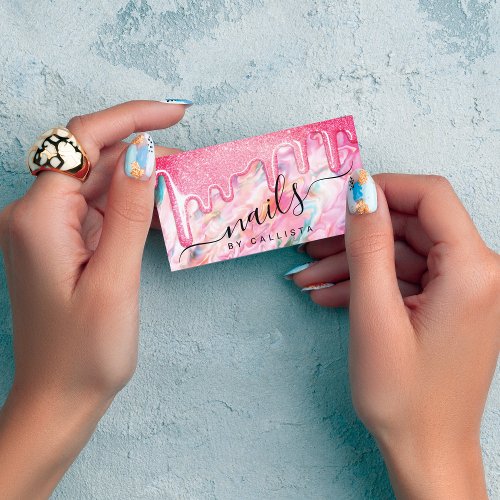 Girly Neon Coral Pearl Opal Glitter Drips Hair Business Card