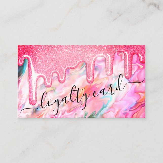 Girly Neon Coral Pearl Opal Glitter Drips Loyalty Card (Front)