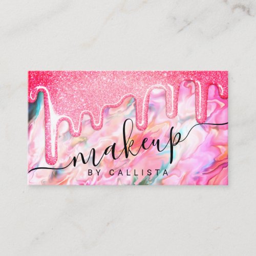 Girly Neon Coral Pearl Opal Glitter Drips Makeup Business Card