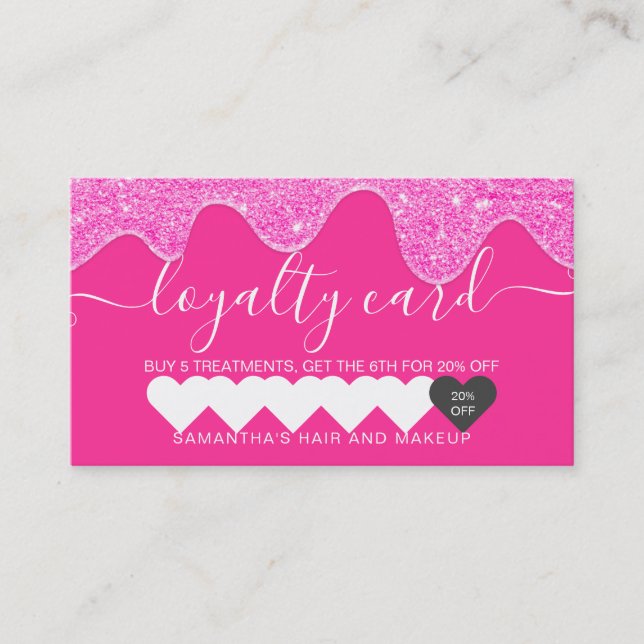 Girly neon pink glitter drips chic heart makeup loyalty card (Front)