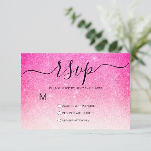Girly Neon Pink White Glitter Ombre RSVP Card