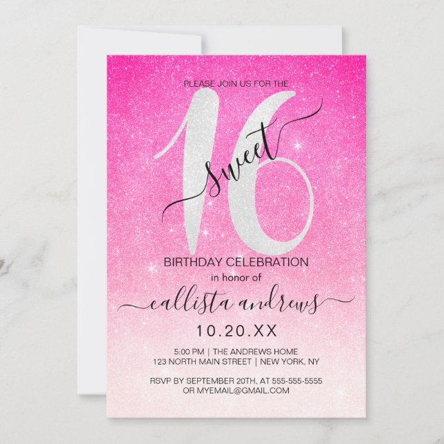 Girly Neon Pink White Glitter Ombre Sweet 16 Invitation (Front)