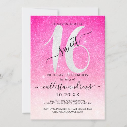Girly Neon Pink White Glitter Ombre Sweet 16 Invitation
