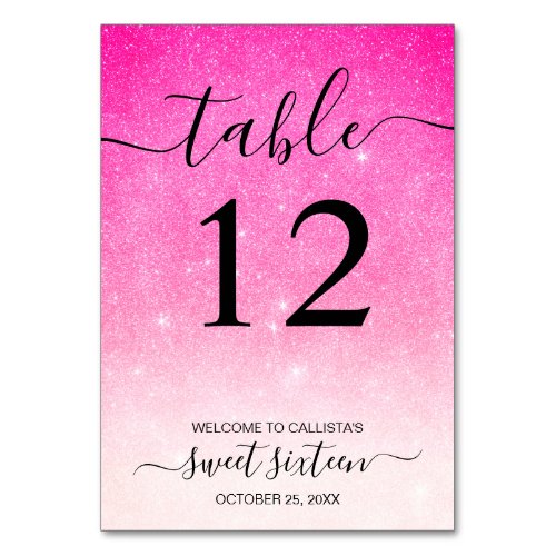 Girly Neon Pink White Glitter Ombre Table Number