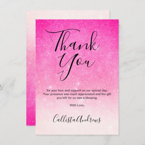 Girly Neon Pink White Glitter Ombre Thank You Card