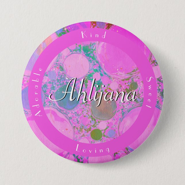 Girly Neon Planets Liquid Art Oil and Acrylic Name Button (Front)