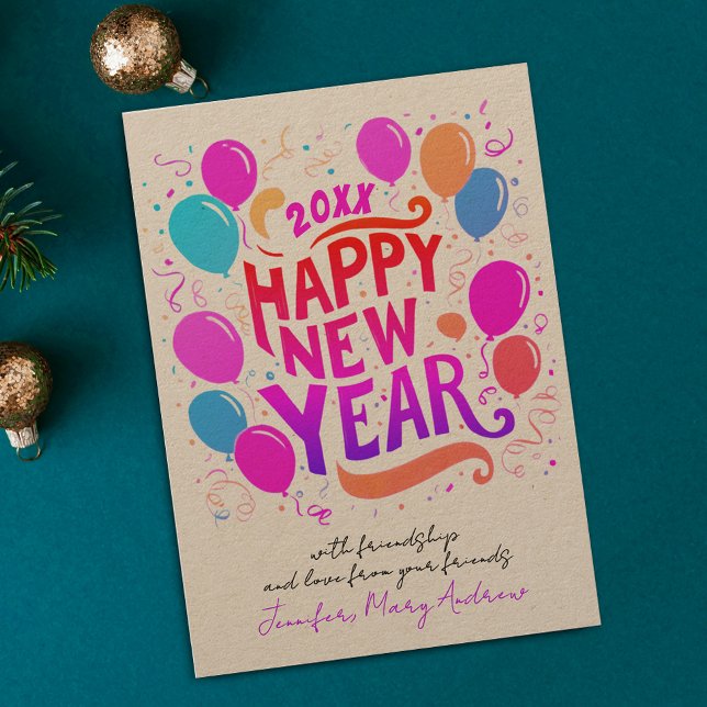 Girly New Year Pink And Purple Balloons Typography Holiday Card (Creator Uploaded)