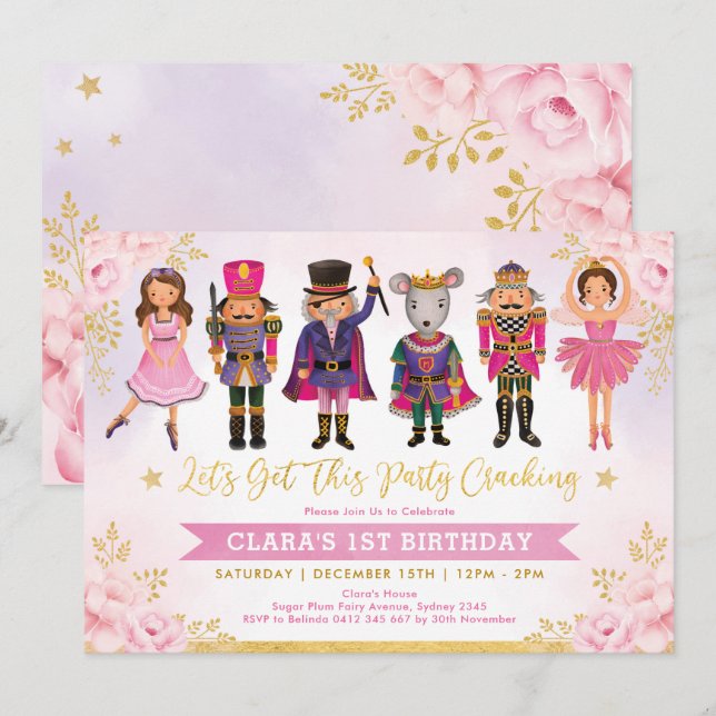 Girly Nutcracker Winter Blush Gold Floral Birthday Invitation (Front/Back)