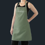 Girly olive green custom script name elegant solid apron<br><div class="desc">Personalized olive green custom modern script name text monogram solid plain color simple girly stylish elegant chic olive green and white text kitchen Apron. Customize,  personalize it with name,  quote,  phrase,  or text.
Great for cooks,  chefs,  pottery,  ceramics,  crafts,  work,  kitchen,  baking,  bbq,  grill,  etc</div>