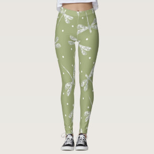 Girly olive green white dots and dragonflies leggings