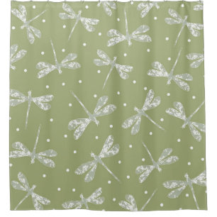 Girly olive green white dots and dragonflies shower curtain