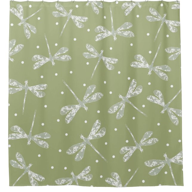 Girly olive green white dots and dragonflies shower curtain (Front)