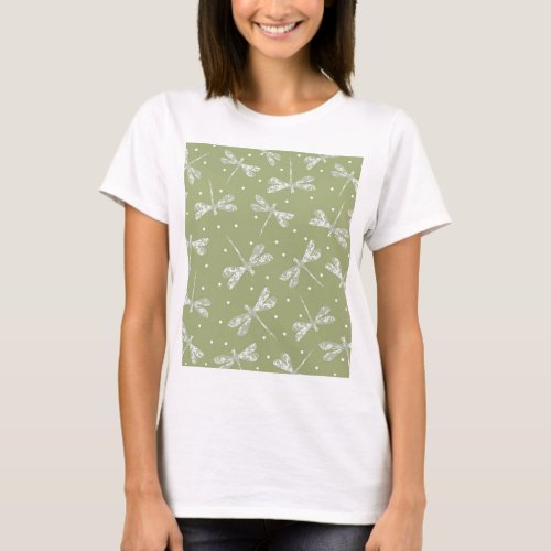 Girly olive green white dots and dragonflies T_Shirt